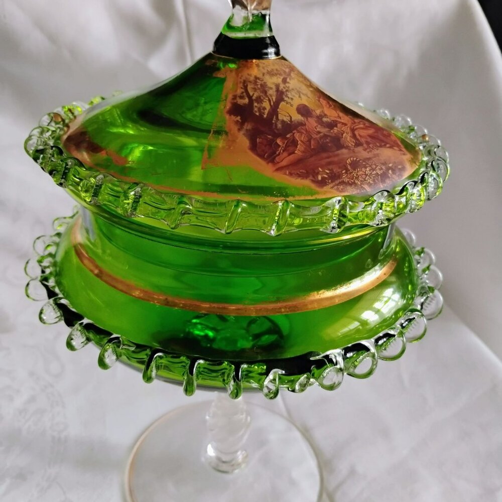 MCM Empoli Green Glass Compote Lidded Candy Dish Rigaree Edge Gilt Gold Romantic - Picture 12 of 13